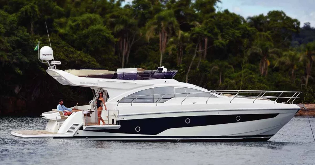 Schaefer yacht designed by Pininfarina cruising on open waters.