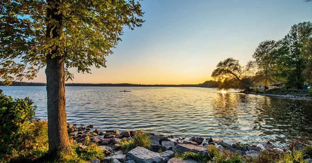 Scenic view of a shoreline and calm water at sunset, with golden hues reflecting on the surface.