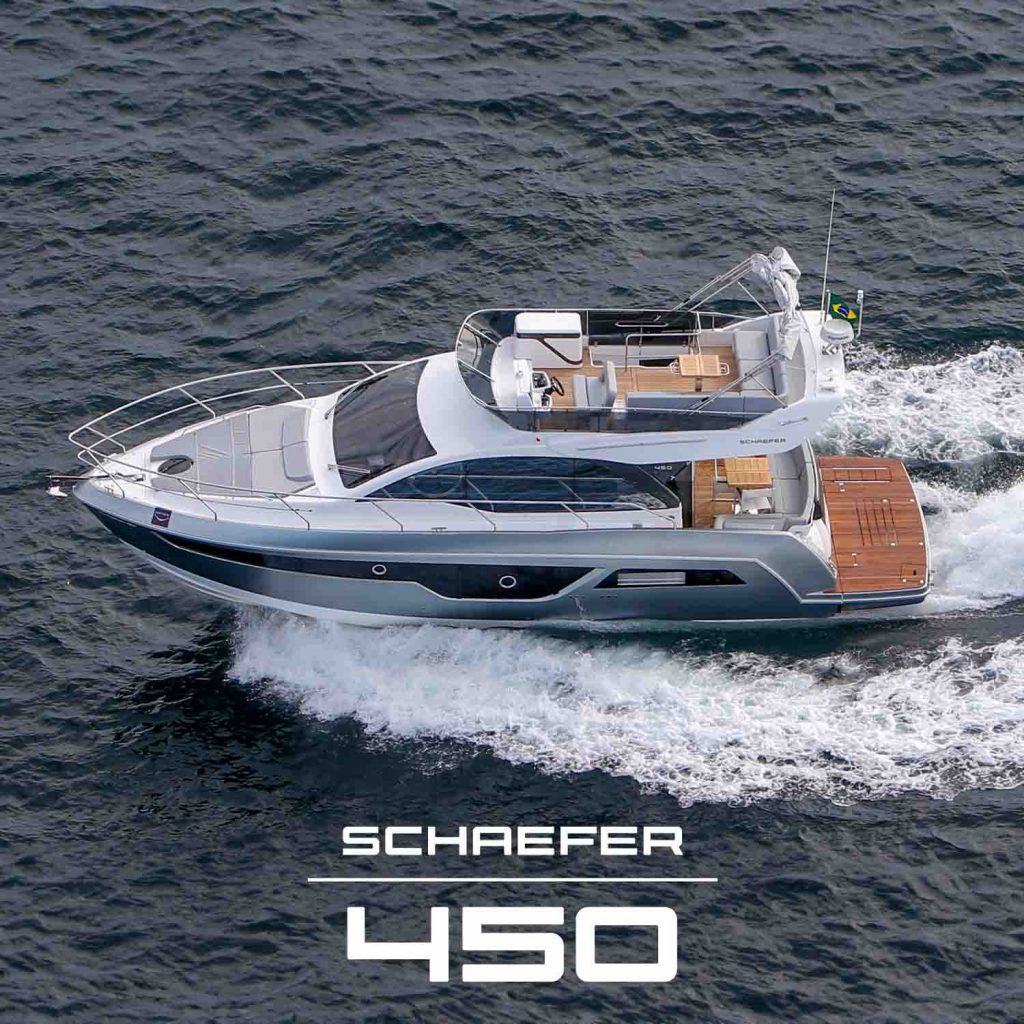 Schaefer 450: 45 ft of luxury. Innovative design, advanced features. Dropdown platforms for water access, flybridge for views and space. Ultimate boating experience.